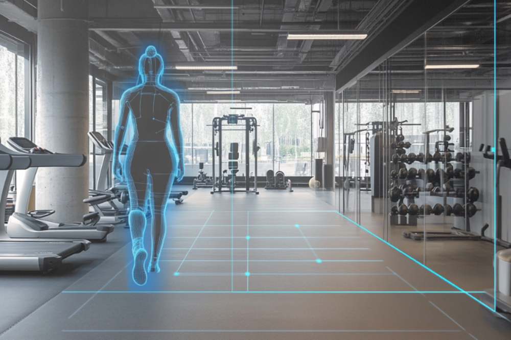 A woman walking through a gym while holographic sensors track her movements for posture and exercise analysis.