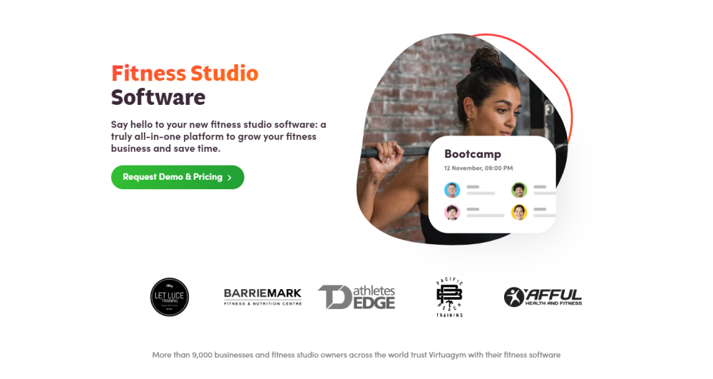 Advertisement for fitness studio software featuring a woman weightlifting and an example bootcamp schedule.