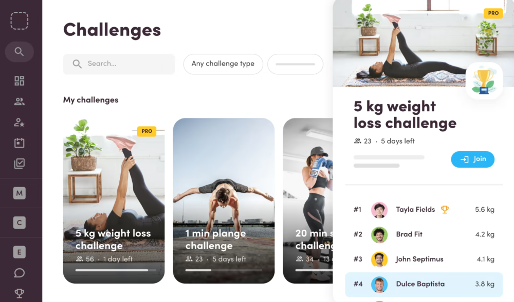 Resumen de una página de desafíos de la comunidad fitness en una aplicación móvil, que muestra el progreso de los usuarios, clasificaciones y detalles del desafío.