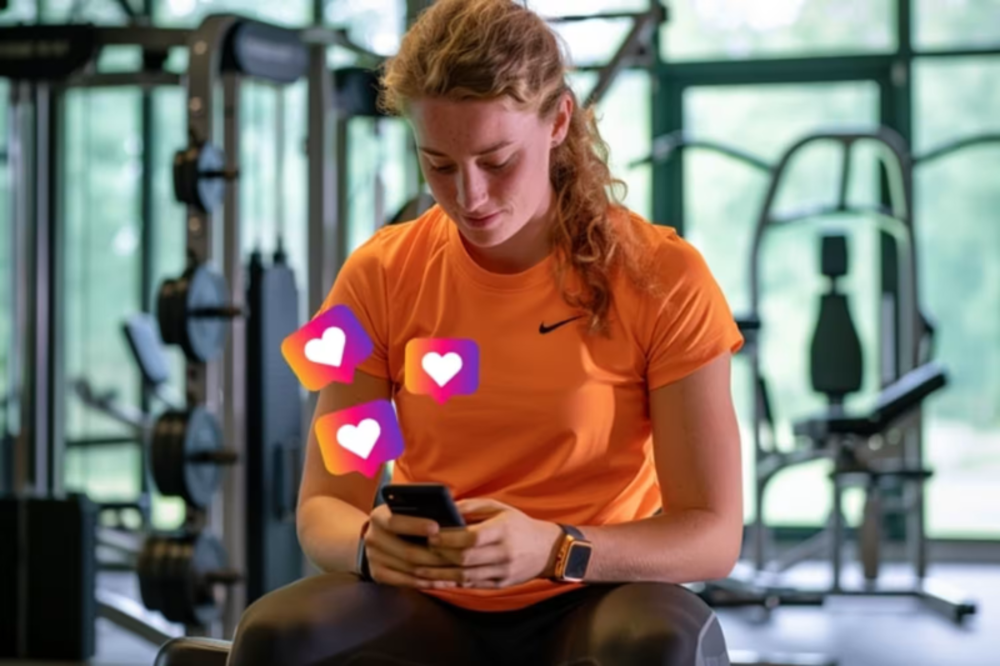 A woman in a gym checking her smartphone with Instagram like icons floating beside her.