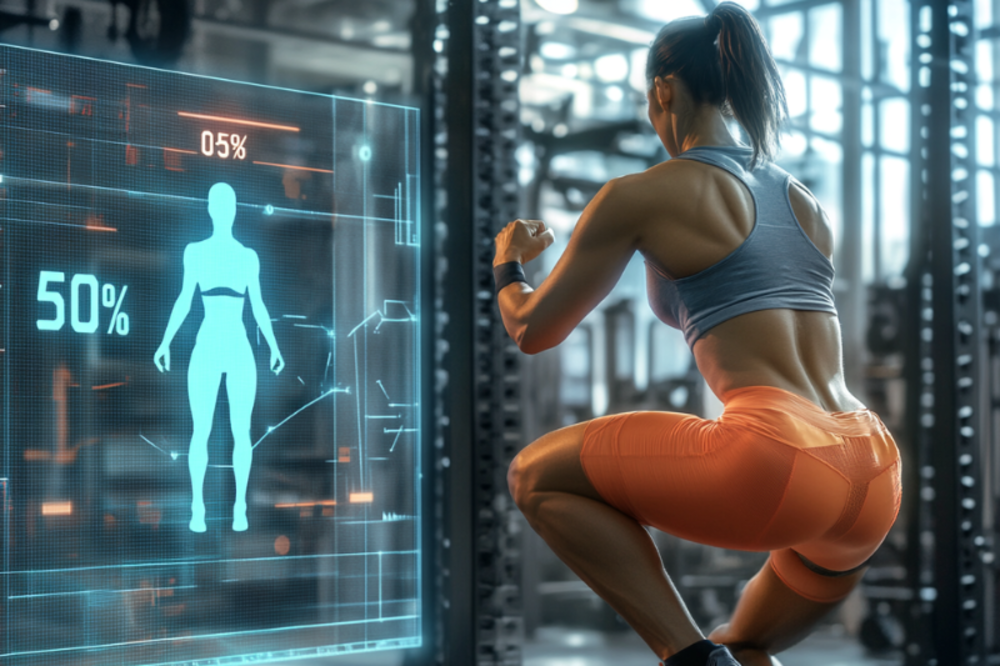 Entrenadora personal mostrando programas de entrenamiento virtuales