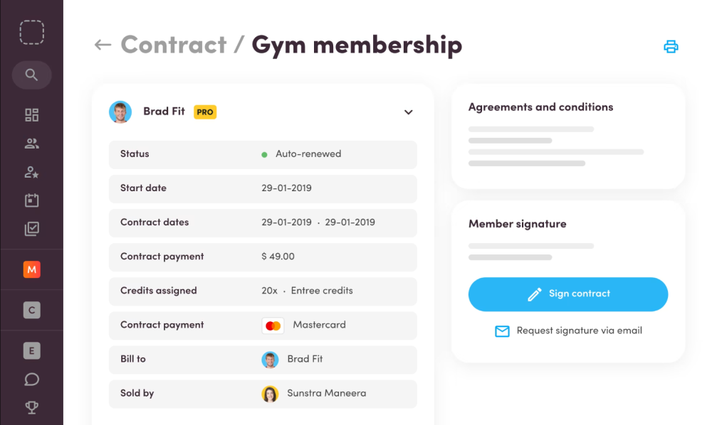 Imagen de una pantalla de gestión de contratos digitales en una aplicación móvil, detallando planes de membresía y estados de acuerdo.