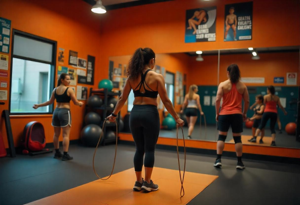 Gym members working out in a gym promoting different fitness events on the walls