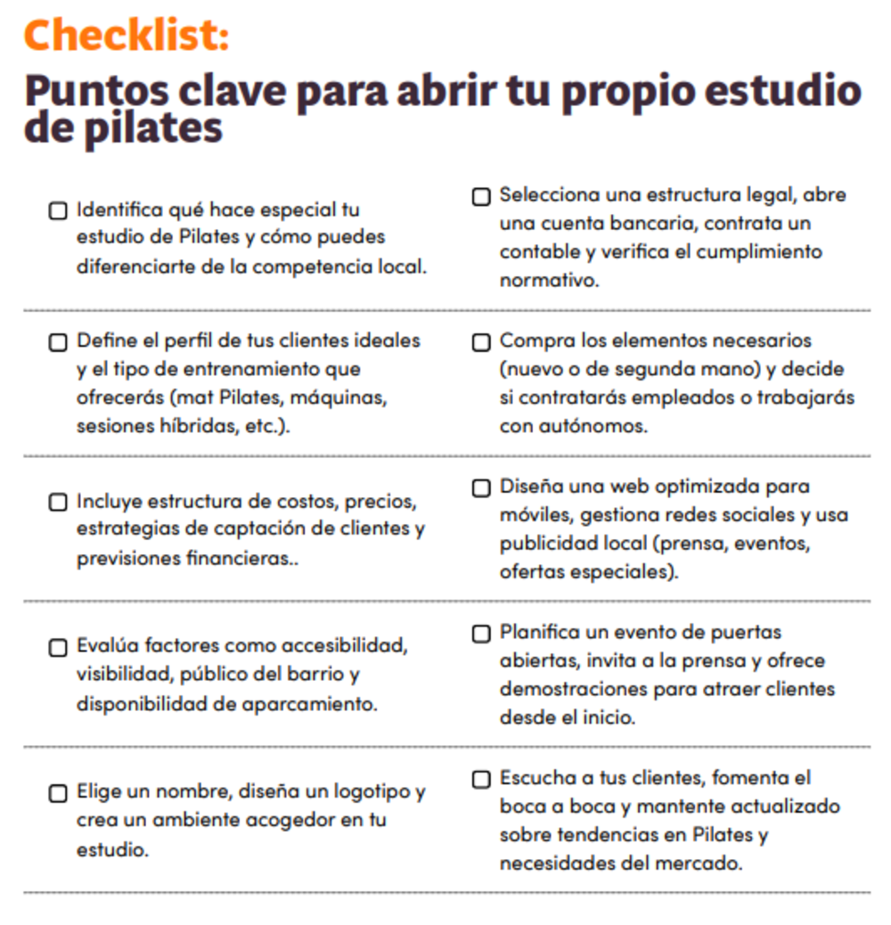 checklist de puntos clave para abrir tu propio estudio de pilates