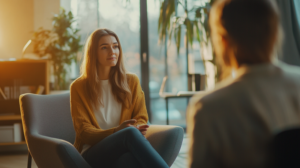 Dos personas conversan en una sala
