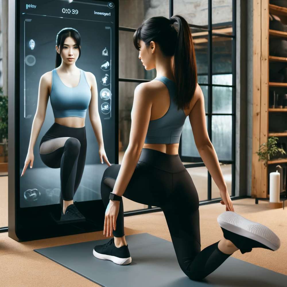Una mujer con ropa deportiva haciendo ejercicios frente a un espejo inteligente que muestra a un entrenador virtual imitando sus movimientos.
