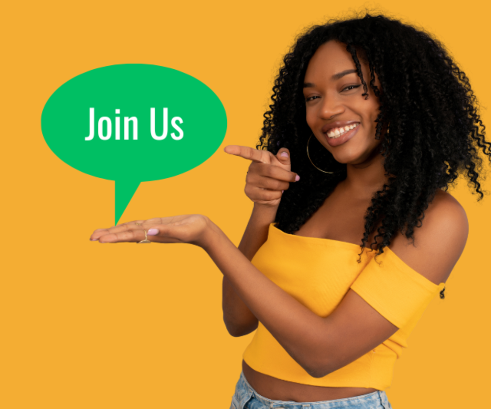 A joyful woman with curly hair, dressed in a yellow top, pointing to a speech bubble that says "Join Us" against a yellow background.
