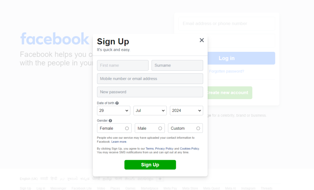 A sign up page for a Facebook account