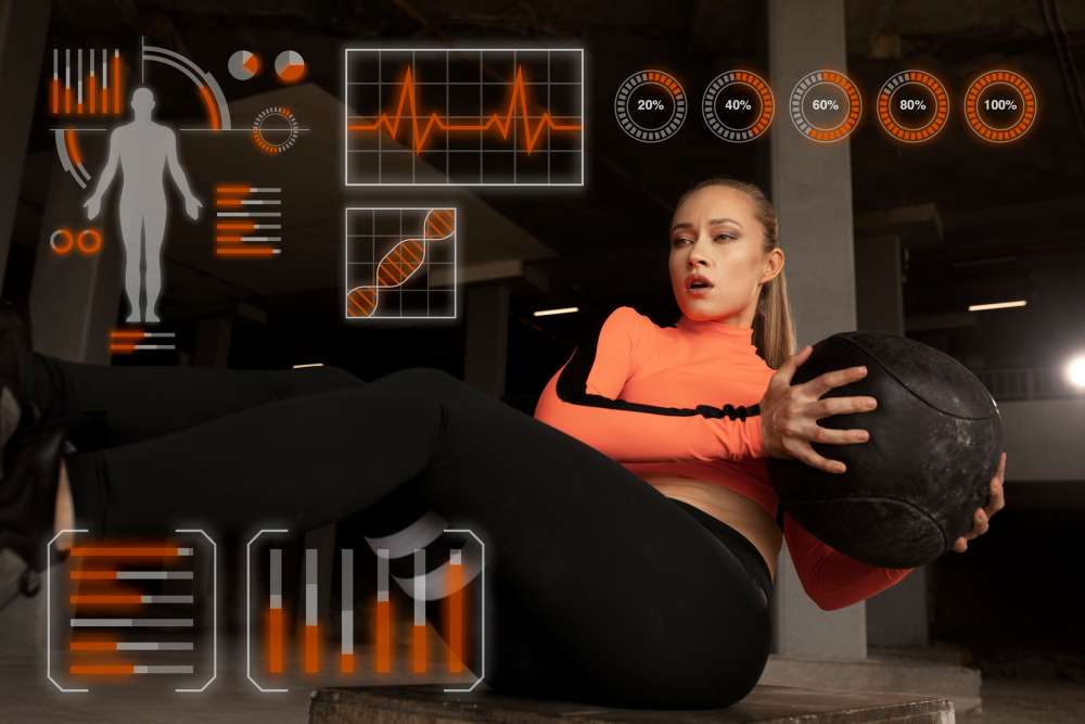 Girl doing an exercise session and health metrics shown