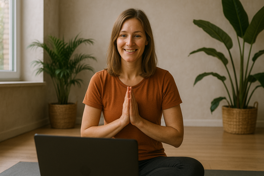 Instructora de yoga usa funciones de gestión en línea a través de su página web, como redes sociales o correo electrónico