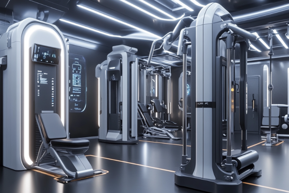 A futuristic gym filled with advanced exercise machines in a sleek, high-tech environment, illuminated by modern lighting.