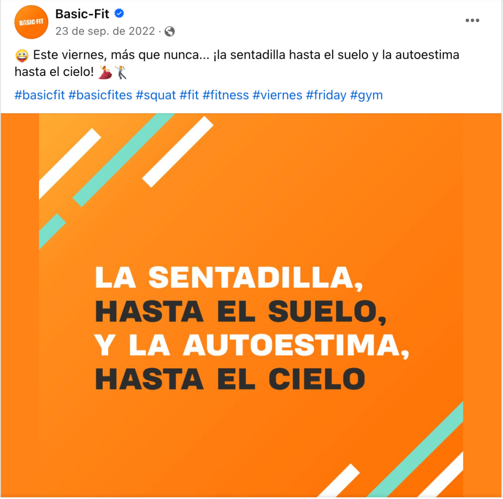 Publicación de Facebook "La sentadilla hasta el suelo y la autoestima hasta el cielo".