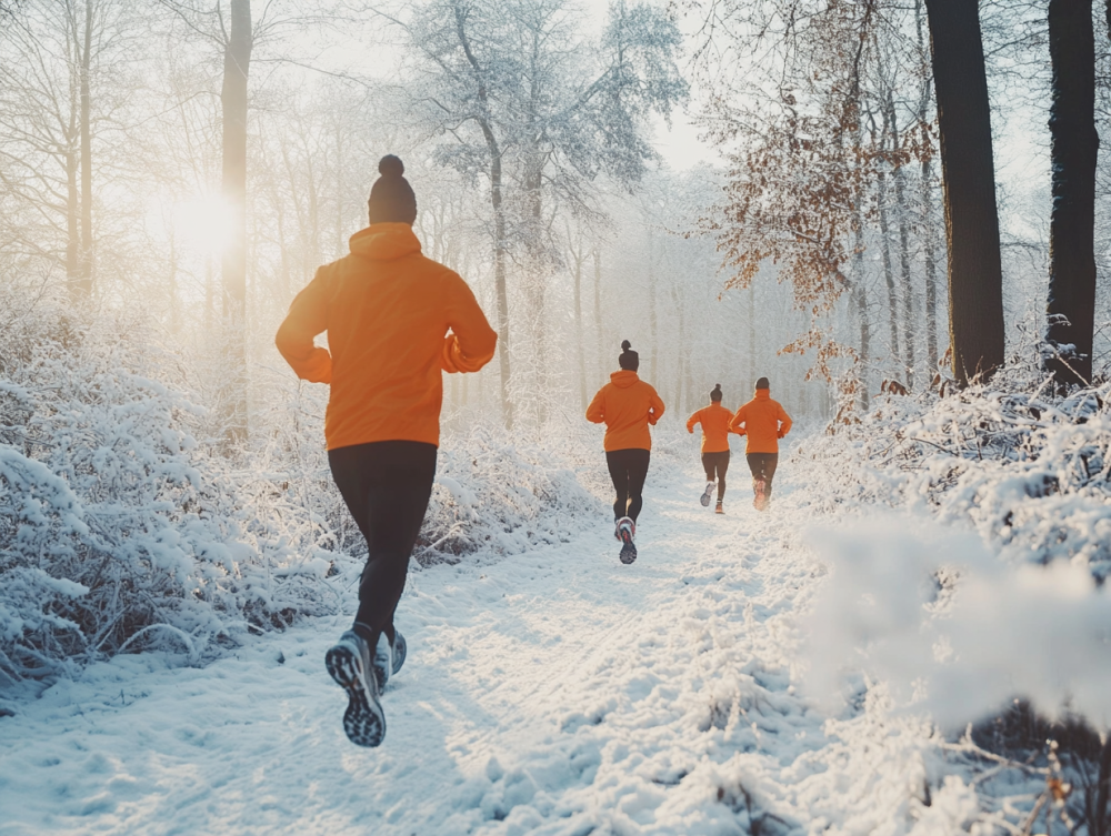 People doing exercise outdoors in cold weather and snow