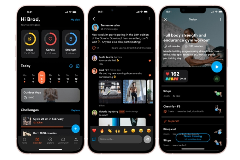 3 screenshots from Virtuagym app in dark mode