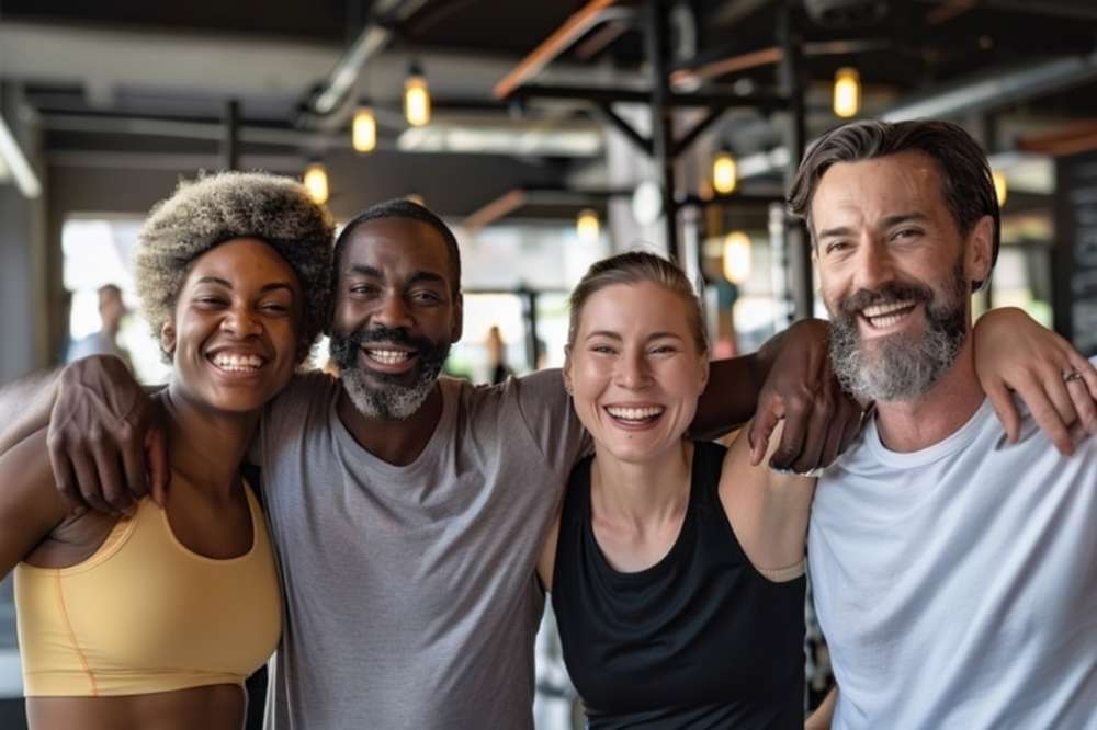 Four smiling friends in workout gear, arms around each other at the gym.