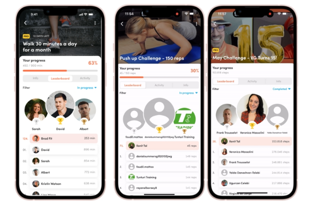 3 screenshots from Virtuagym app with challenges overview