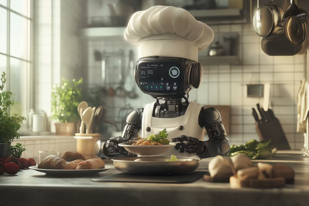 A robot chef in a kitchen, preparing a dish with a digital display on its face.