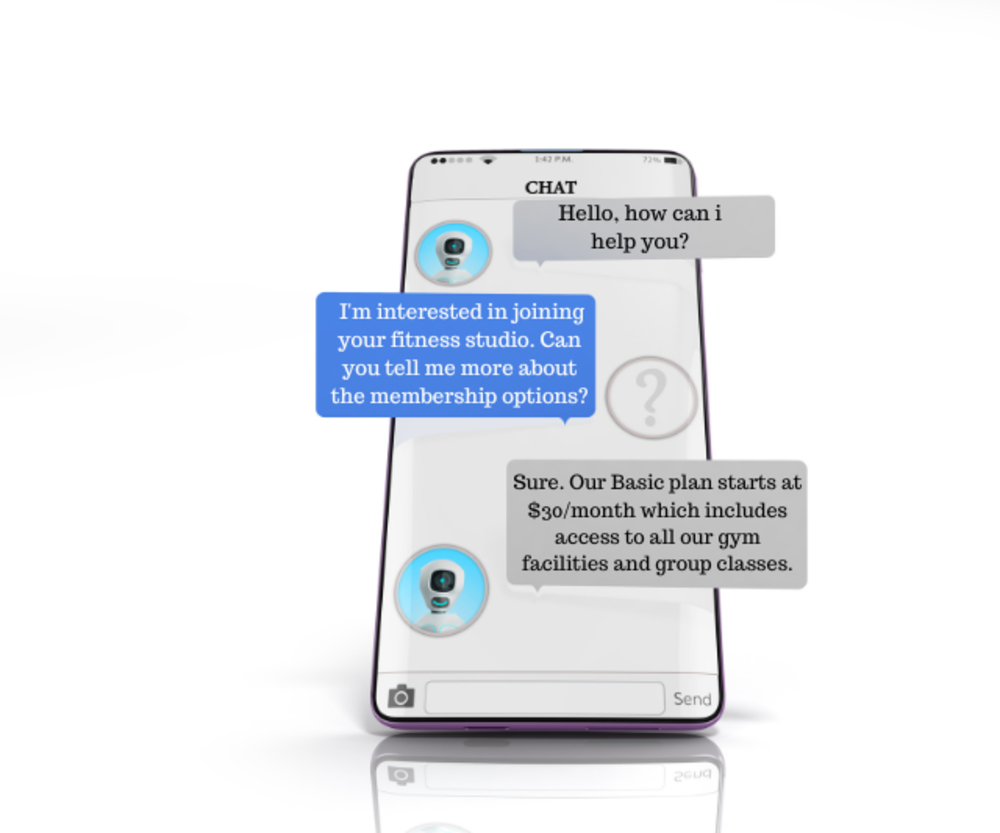 A smartphone displaying a chat interface where a customer inquires about fitness studio membership options and an AI chatbot responds.