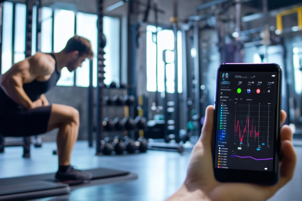 A man doing a squat exercise in a gym, with a smartphone showing real-time health data and workout metrics in the foreground.