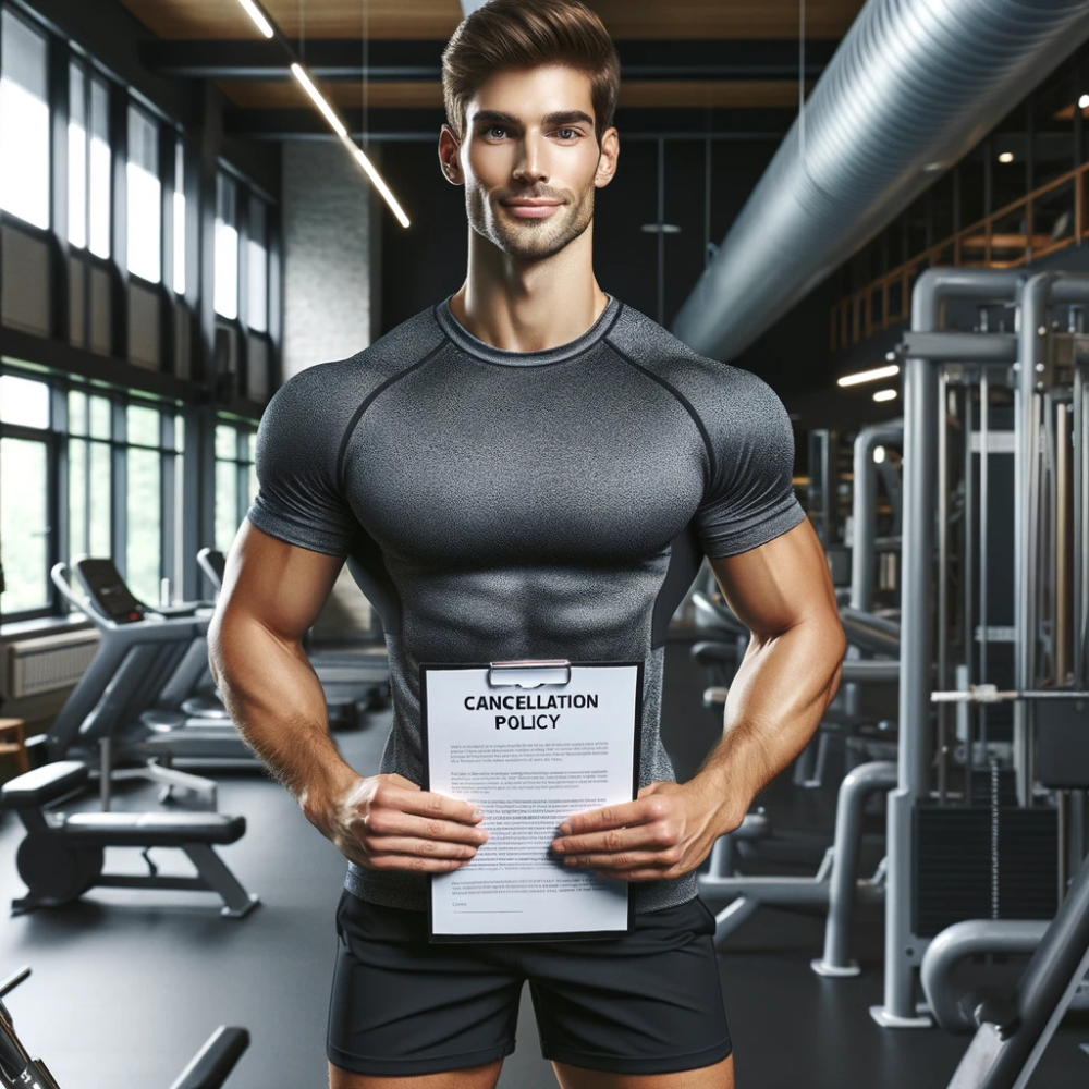 Ein fitter männlicher Trainer in einem Fitnessstudio, der ein Klemmbrett in der Hand hält, an dem ein Dokument mit den &quot;Stornierungsbedingungen&quot; befestigt ist, vermittelt den Eindruck eines professionellen Umfelds für Gesundheit und Fitness.