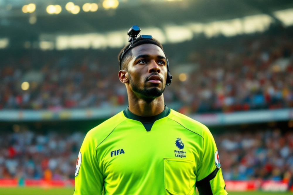 A soccer referee wearing a neon green uniform with FIFA and Premier League logos, equipped with a headset and head-mounted camera, standing in a stadium during a match.