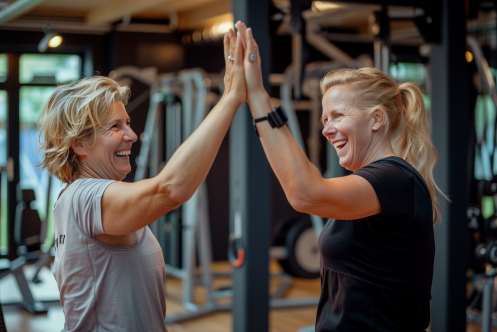 Two women in a gym, smiling and giving each other a high-five, highlighting a friendly and supportive workout environment.