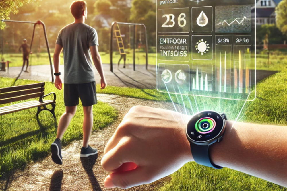 A person walking in a park, looking at a smartwatch displaying detailed fitness and environmental data through holographic projections.