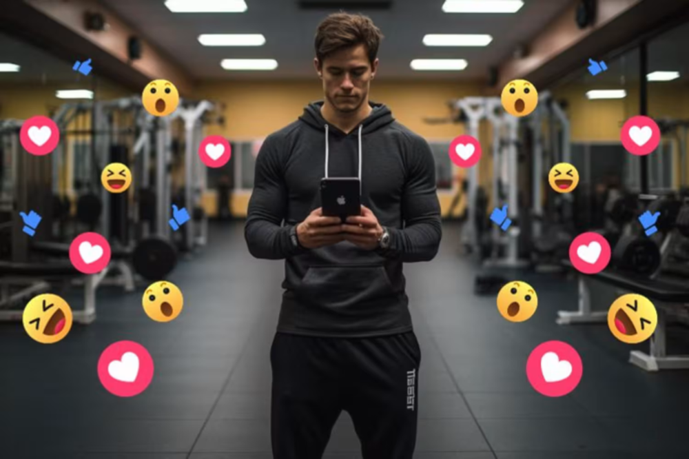 Un hombre de pie en un gimnasio, mirando su teléfono, con diversas reacciones de emoji flotando a su alrededor.