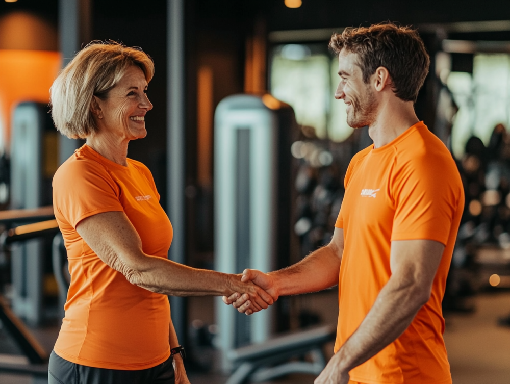 Entrenador personal felicita a un cliente por su trabajo