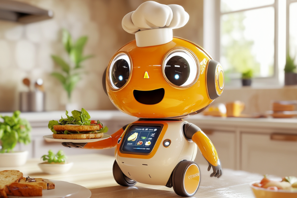 An orange robot chef holding a plate of food in a kitchen.