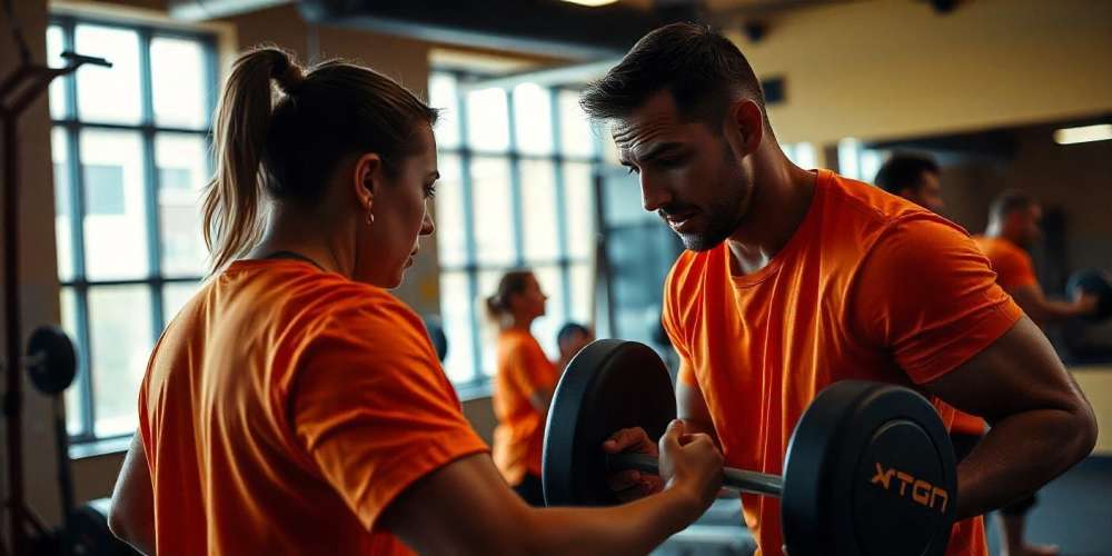 A personal trainer providing some workout tips to a club member