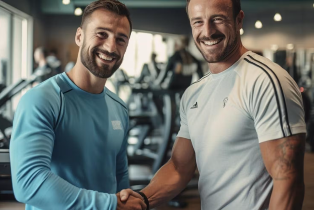 Strong men shaking their hands in a gym