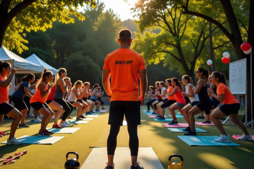 A back view of a trainer in an orange "Bootcamp" shirt leading a group workout in a park.