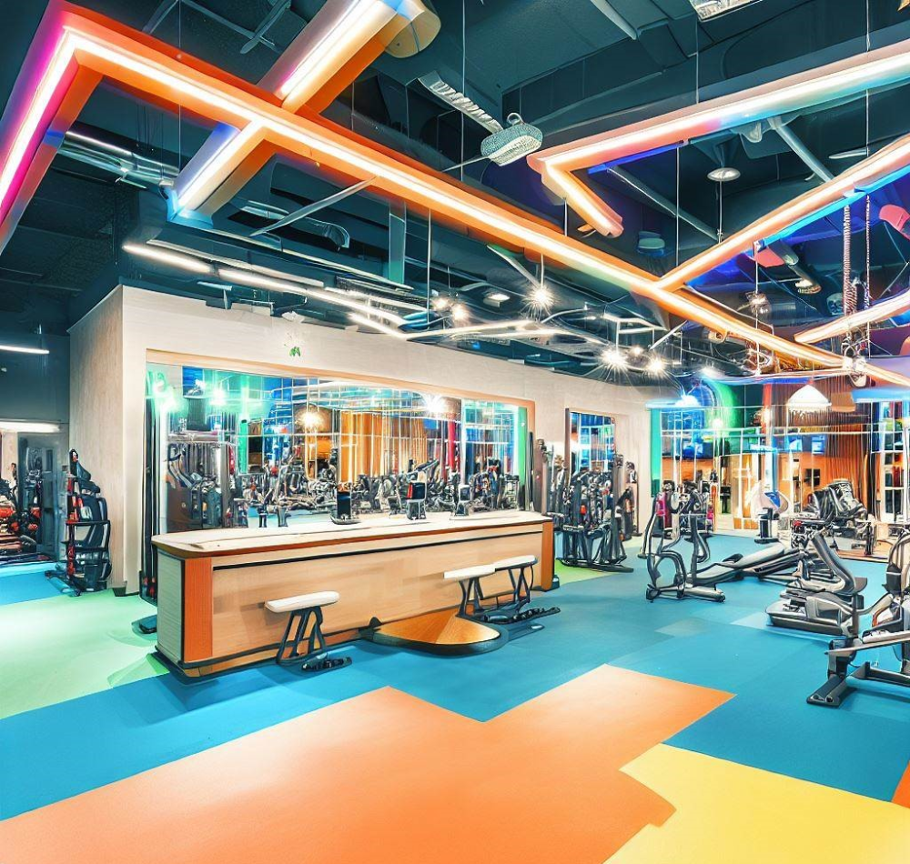 Un interior vibrante y moderno de gimnasio con iluminación colorida y una variedad de equipos de ejercicio.
