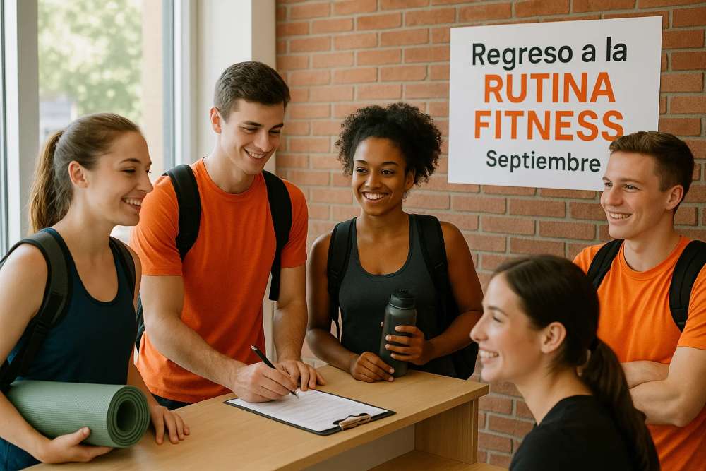 Grupo de estudiantes viendo la campaña de vuelta al gimnasio en septiembre con oferta especial
