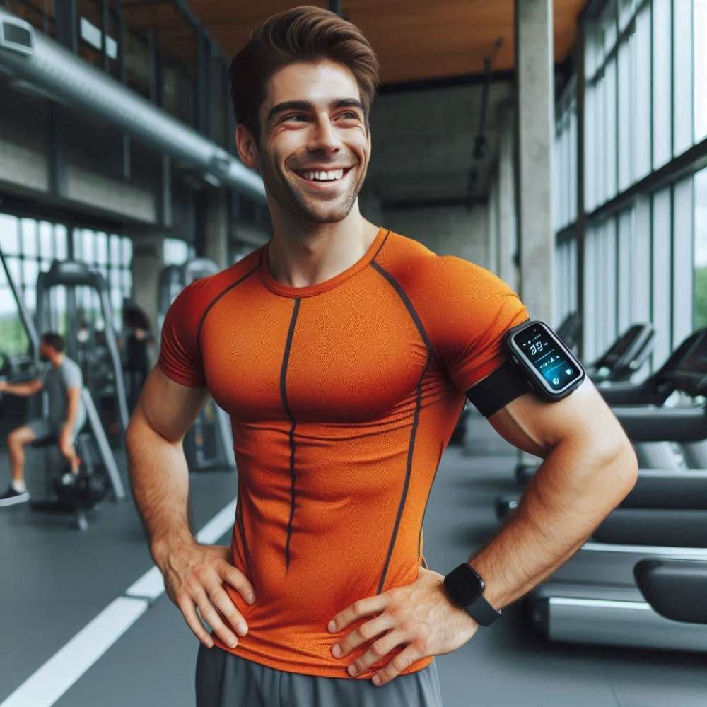 Un entrenador de gimnasio sonriente con una camiseta deportiva naranja y un monitor de actividad física en el brazo, de pie en un gimnasio moderno.