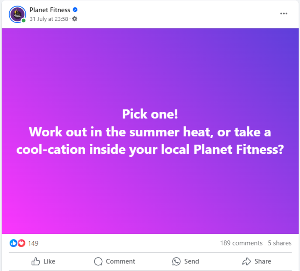 Planet Fitness Facebook post with a purple gradient background, asking followers to choose between working out in the summer heat or taking a ‘cool-cation’ inside the gym.