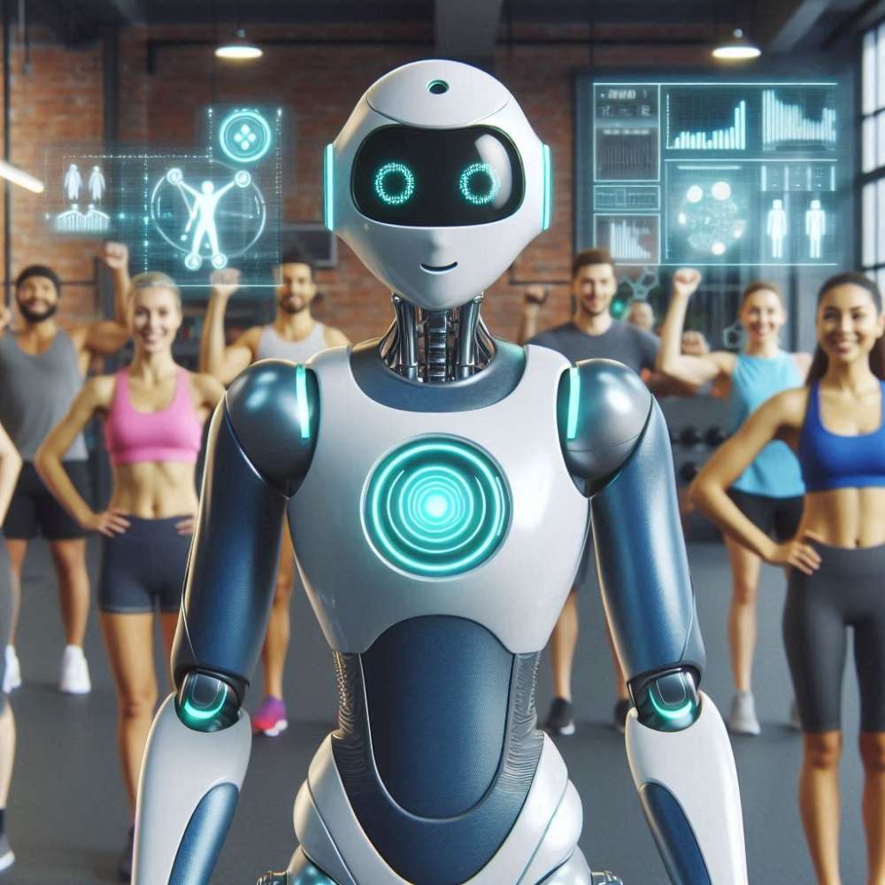 A futuristic robot standing in front of a group fitness class, with digital health metrics displayed in the background.