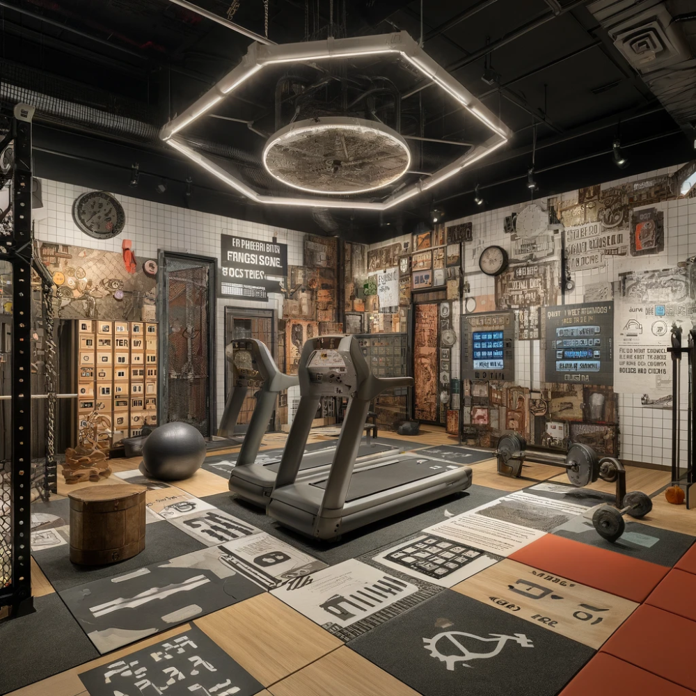 A creatively decorated fitness studio with an industrial and vintage style, featuring various gym equipment and themed decor.