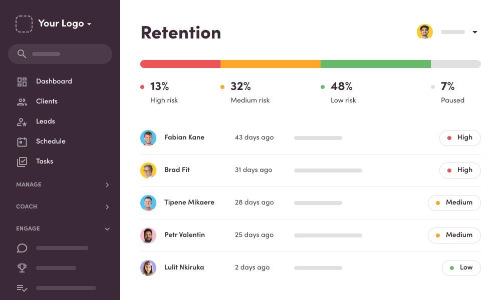A user interface of a retention dashboard in a fitness business software, highlighting client risk levels and engagement.