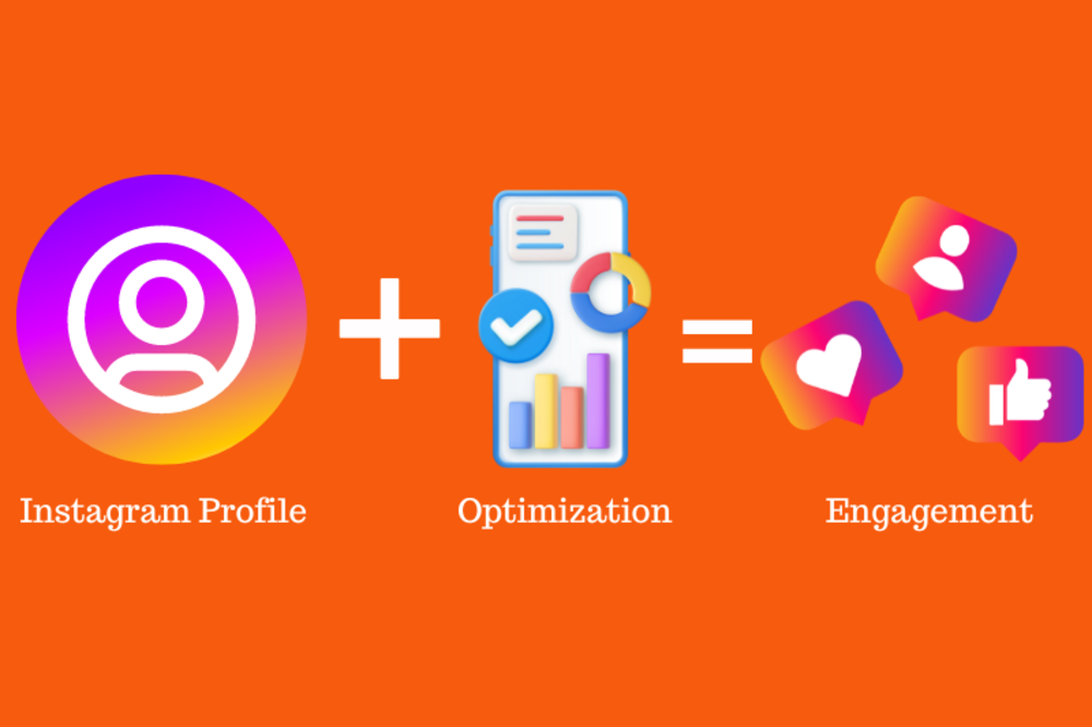 An illustration showing Instagram profile optimization leading to increased engagement. Icons represent an Instagram profile, optimization tools, and engagement metrics like likes and followers.