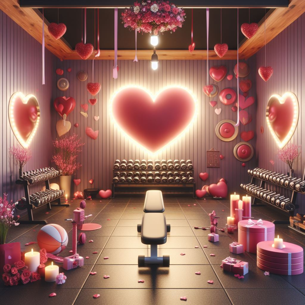 A gym decorated for Valentine’s Day with heart-shaped lights, pink and red decorations, and various fitness equipment.