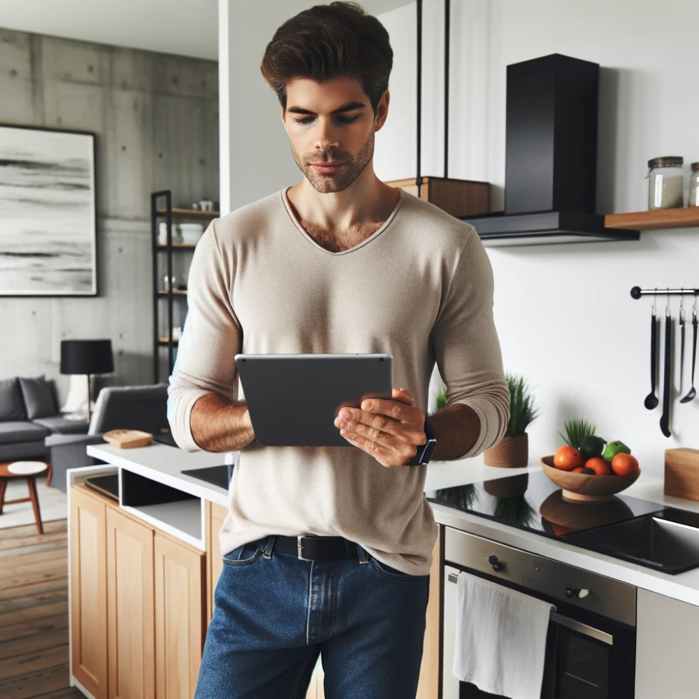Man is checking his tablet at the kitchen