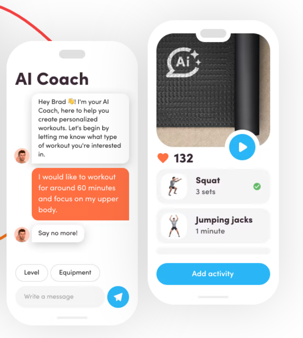 Una interfaz de usuario para una aplicación de entrenamiento personal con inteligencia artificial, mostrando una conversación y estadísticas de entrenamiento.