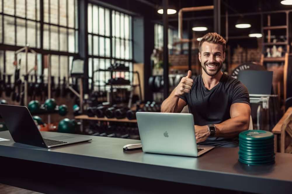 a personal trainer working on his laptop in a gym setting