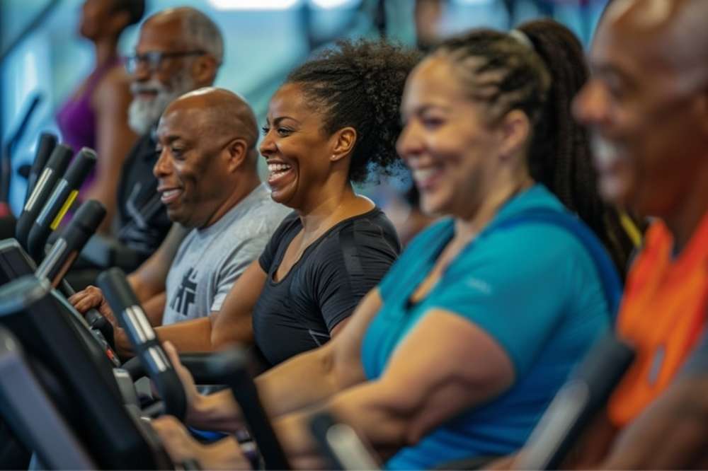 A diverse group of people smiling on threadmills in a fitness studio