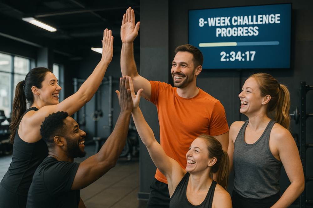 A group of fitness clients celebrating progress in an 8-week challenge — part of a personal trainer business plan focused on client retention.