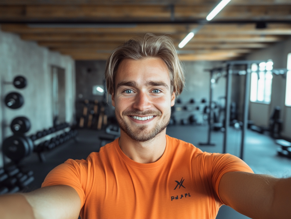 A man at a fitness business smiling and making fitness content.