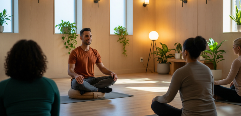 A personal trainer doing a mind body low impact class at a gym to improve the immune function