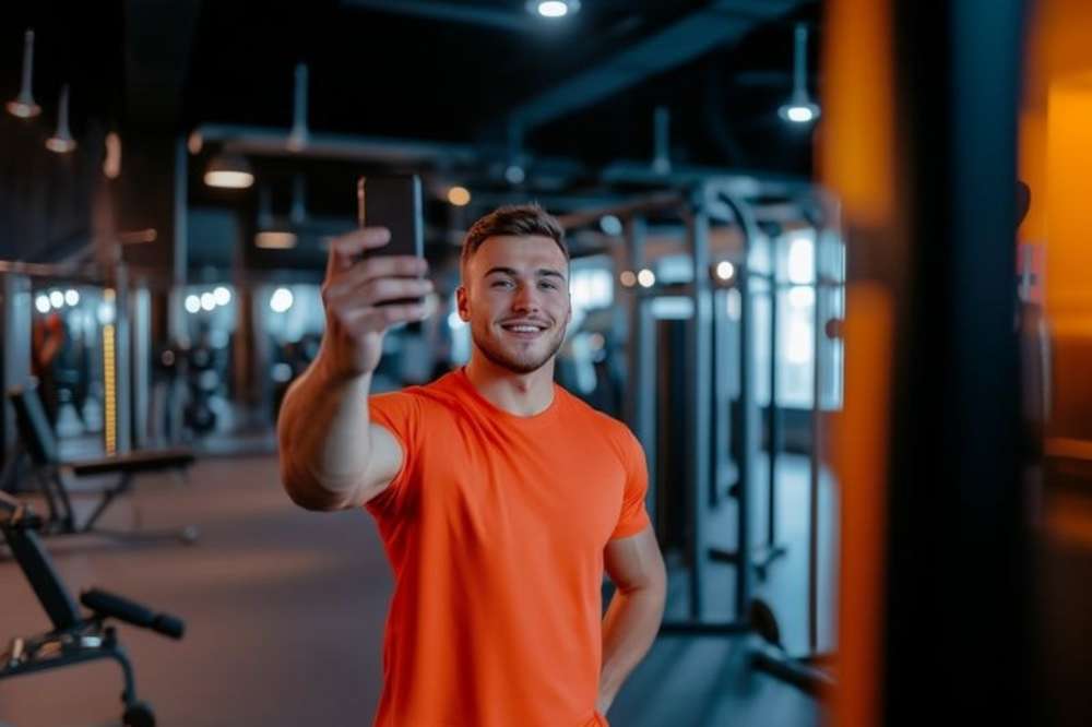A smiling fitness trainer in a workout outfit while filming fitness content in front of a camera for social media platforms